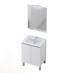 Baikal Conjunto Mueble de Baño con Lavabo y Espejo con Aplique LED con Patas, en Varios Acabados, Melamina 16. 2 Puertas 80 cm Blanco