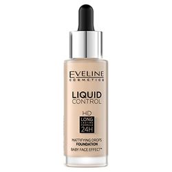 Eveline Cosmetics Fondotinta Liquido Control HD Lunga Tenuta 24 Ore No 001 Porcellana, Formula Leggera, Copertura Media, Effetto Traspirante, 32 ml