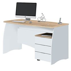Habitdesign Table de bureau avec 3 tiroirs, Table de bureau ou d'étude, Modèle Stil, Fini en Artik Balnco et Chêne Canadien, Mesures : 136 cm (L) x 67 cm (P) x 74 cm (H)