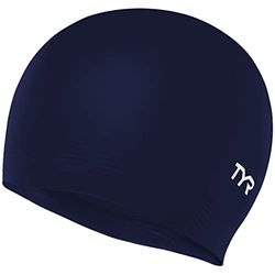 TYR senaste designade badmössa med långt hår, håller håret rent med öronskydd, vattentät silikonbadmössa för vuxna, kvinnor och män (marinblå)