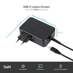 Przenośna ładowarka GAN USB-C z technologią Power Delivery (PD) o mocy 90 W w kolorze czarnym, idealna do szybkiego i wydajnego ładowania kompatybilnych urządzeń, takich jak smartfony, tablety i