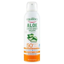 Equilibra Protector Solar, Spray Leche Solar Spf 50+ con Aloe Vera, Aceite de Coco y de Argán y Vitamina E, Pieles Delicadas, Protege del Eritema y del Fotoenvejecimiento, Resistente al Agua, 150 ml