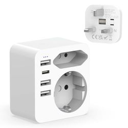 Hoppac Adaptador Enchufe UK 6 en 1 Con 3 USB y 1 USB C 3.4A, Enchufe Inglés a Español, Reino Unido Con Europeo y Schuko, Tipo G Para Irlanda, Inglaterra, Dubái