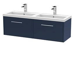 Hudson Reed JNU1722C Juno Modern Bathroom Wall Hung 2-Drawer Vanity with Polymarble Double Basin, 1200mm, Matt Electric Blue