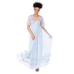 Maya Deluxe Women's Ladies Maxi Dress Short Puff Sleeve V-Neck Floral Embroidered Tulle Lace Keyhole Back Ruffle Empire A-Line Prom Vestido, Baby Blue, 48 para Mujer