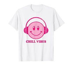 Chill Vibes 70s Pink Smile Face Music Auriculares Happy Face Camiseta