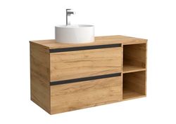 Cygnus Bath Mueble de Baño BEQUIA Plus Metal 100cm Roble | Lavabo sobre encimera Porcelana Lado Reversible 2H