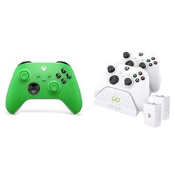 Xbox Wireless Controller – Velocity Green Series X|S, One, and Windows Devices+Venom Twin Charging Dock with 2 x Rechargeable Battery Packs - White Series X & S/One