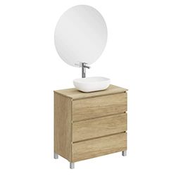 Baikal Conjunto de Mueble de Baño Neo con Espejo Luna Lisa, Tres Cajones o Dos Puertas, Mueble con Patas, Varios Acabados y Medidas, Melamina 16mm, Mueble MONTADO, 3c + Top 90 cm, Nature