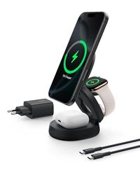 Belkin Station de Charge 3-en-1 Pliable (Compatible MagSafe, certifié Qi2, 15 W, pour iPhone 16, Apple Watch, AirPods, Base antidérapante, Adaptateur Secteur 36 W Inclus, Noir)