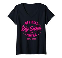 Womens Official Big Sister of Twins 2026 Baby Shower Gifts V-Neck T-Shirt