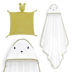 Interbaby - Mantello da bagno per bambini + mussola di Dudu | Asciugamano con cappuccio 100% cotone, unisex, morbido, asciugatura rapida, ideale per neonati, neonati e bambini piccoli, design orso