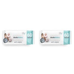 Dadamuma - 99.9% Pure Water Baby Wipes (60 Wipes), Gentle with Newborn Skin, Natural Ingredients, Dermatologically Tested, Plastic-Free, Biodegradable, Eco-Friendly (Pack of 2)