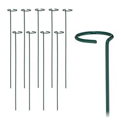 Relaxdays Växtstavar metall, set om 10, rankstavar med ring, metallstavar trädgård, växtstöd stavar, 60 cm långa, mörkgrön