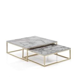 Wink Design Arden-Q White Marble Set 2 Tavolini, Oro Lucido, Marmo Bianco Lucido, Grande H27 x 75 x 75 cm, Piccolo H22 x 65 x 65 cm