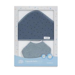 Serviette de bain bébé à Capuche Puntos · Blanc Pétrole · 100% Coton Mousseline & BAVOIR rond 20x20 cm · INTERBABY
