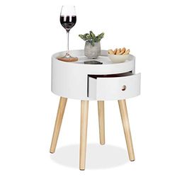 Relaxdays Mesa Auxiliar Redonda, con Cajón, Mesita de Noche Nórdica, DM y Madera, 1 Ud., 46 x 38 cm, Blanca y Beige