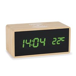 Atlanta Digitale wekker, led-display met draadloos opladen, inductieve oplaadfunctie, bamboe behuizing - 2602