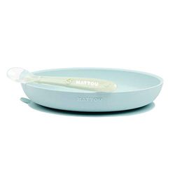 Nattou Set Repas en Silicone Pour Enfants, Assiette Antidérapante + Cuillère, Sans BPA, Silicone, Bleu Clair/Vert