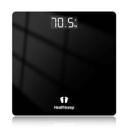Healthkeep Personenweegschaal, personenweegschaal met zeer nauwkeurige sensoren, digitale personenweegschaal met step-on-techniek, gewichtsweegschaal van veiligheidsglas, zwart, 26 cm x 26 cm