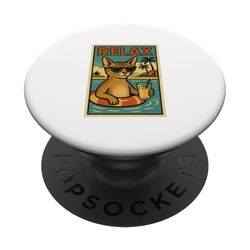 Gato Abisinio Relajante Playa Estilo Cómic Relax PopSockets PopGrip Adhesivo