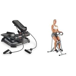 Sunny Health and Fitness Squat Assist Upright Row-N-Ride Rowing Machine + 2-in-1 Premium Power Stepper with Resistance Bands, Space-Saving, and Optional SunnyFit App