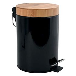 MSV Poubelle de Salle de Bain 3 litres en Acier Inoxydable et Bambou avec système d'abaissement Automatique et Seau intérieur Aza Poubelle de Salle de Bain Noir