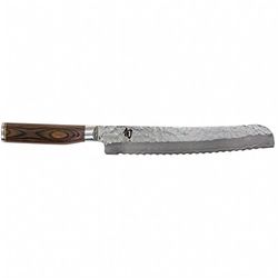 KAI Shun Premier Tim Mälzer Couteau à Pain Japonais 23 cm - Noyau VG-Max 61 HRC, Acier Damas Poli de 32 Couches - Bois de Pakka Marron Moyen - Finition Martelée - Fabriqué au Japon