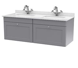 nuie CLC294WS2 Classique Wall Hung 2 Drawer Unit & 1 Tap Hole Marble Worktop with Square Basin, 1200mm, Satin Grey/White