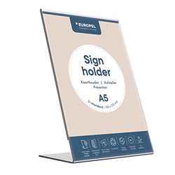 Europel Sign Holder, L-Standard, A5 Size, Portrait – Clear Acrylic Poster, Menu & Leaflet Display Holder for Restaurants, Hotels, Conference & Reception – Free Standing & Slanted Design, 350002