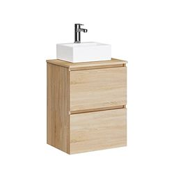 Baikal Mueble de Baño Onyx con Fondo Reducido. Mueble Suspendido en Pared Incluye Lavabo cerámico sobre encimera. Mueble Montado. Sin Espejo 50 cm Fondo 39, 2 Cajones Roble Natural