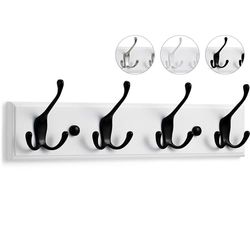 LARHN Coat Hooks - Wall Mounted Coat Rack - 4 Triple Black & White Coat Hooks for Wall - 42 cm - All Fixings Included for Quick & Easy Installation
