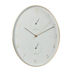 Well Home - Orologio da parete in alluminio con bordo dorato, termometro e igrometro da 34,5 x 27,1 cm