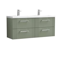 nuie Modern Bathroom Wall Hung 4 Drawer Part Fluted Vanity Unit with Twin Ceramic Basin, Satin Green, 1200mm