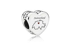 Pandora Dije con diseño de mapa de Suiza e inscripción «Switzerland» de plata con esmalte rojo