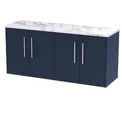 Hudson Reed JNU2923LCM2 Juno Modern Bathroom Wall Hung 4 Soft Close Door Vanity Unit and Carrera Marble Laminate Worktop, 1200mm, Midnight Blue