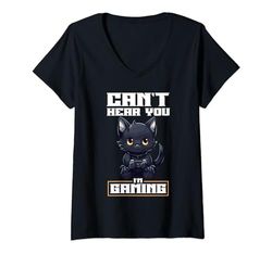 Mujer Can't Hear You I'm Gaming Controlador de videojuegos de gato Camiseta Cuello V