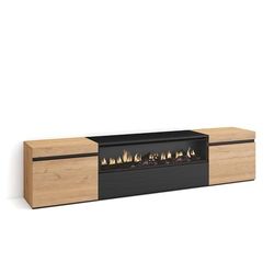 Skraut Home | Meuble TV | Banc Télé | Grand Espace de Rangement | 200x45x35cm | pour Les TV jusqu'à 80" | Cheminée électrique | Style Moderne | Chêne et Noir