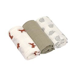 LÄSSIG Coperta Puck per neonati Panno di garza Set di 3 pezzi in cotone 60 x 60 cm/Swaddle & Burp Blanket M Little Forest Fox