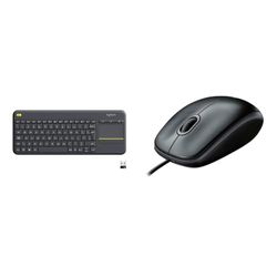 Logitech K400 Plus Wireless Touch TV Keyboard With Easy Media Control and Built-in Touchpad & B100 Wired USB Mouse, 3-Buttons, Optical Tracking, Ambidextrous PC/Mac/Laptop - Black