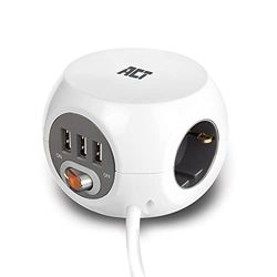 ACT uttagskub med USB, 3-vägs grenuttag USB, USB-A 3-port, med strömbrytare, flera uttag kub kabellängd 1,5 m – AC2405