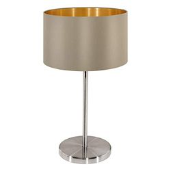 EGLO Lampe de chevet Maserlo, lampe de table à poser en acier et textile, nickel mat, taupe, doré, luminaire avec interrupteur, douille E27