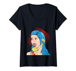 Mujer Mujer retro usando teléfono de esfera vintage Camiseta Cuello V