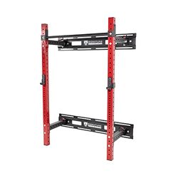 Signature Fitness Estante de sentadillas plegable de 3 x 3 pulgadas montado en la pared con barra ajustable y ganchos en J, para ahorrar espacio, gimnasio en casa, rojo