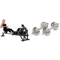 Sunny Health and Fitness Water Rowing Machine Rower w/LCD Monitor - Obsidian + Adjustable 15 KG Dumbbell Set with Carry Case，Space Saver