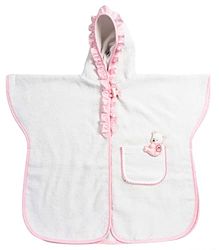 Filet - Bath poncho with rouche for babies and girls up to 2 years, bathrobe with hood made of cotton terry cloth, bag from Aida for embroidery, made in Italy, one size, white and pink