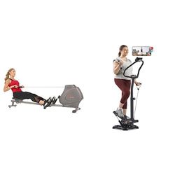 Sunny Health & Fitness Foldable and Compact Magnetic Rowing Machine, 130 KG MAX + 2-in-1 Power Stepper with Resistant Bands & Handlebar, Height Adjustable, 330 LB MAX