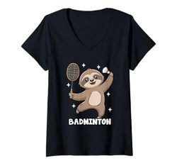 Donna Bradipo che gioca il gioco dell'atleta di sport del giocatore di badminton per Maglietta con Collo a V