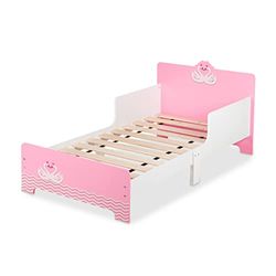 Relaxdays peuterbed met uitvalbeveiliging, HxBxD: 60x77x143 cm, lattenbodem, kinderbed met zwanenprint, MDF, wit/roze