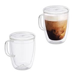 Relaxdays Drinking, Set of 2, 500 ml, Double-Walled with Handle & Lid, Borosilicate Glass, Transparent
